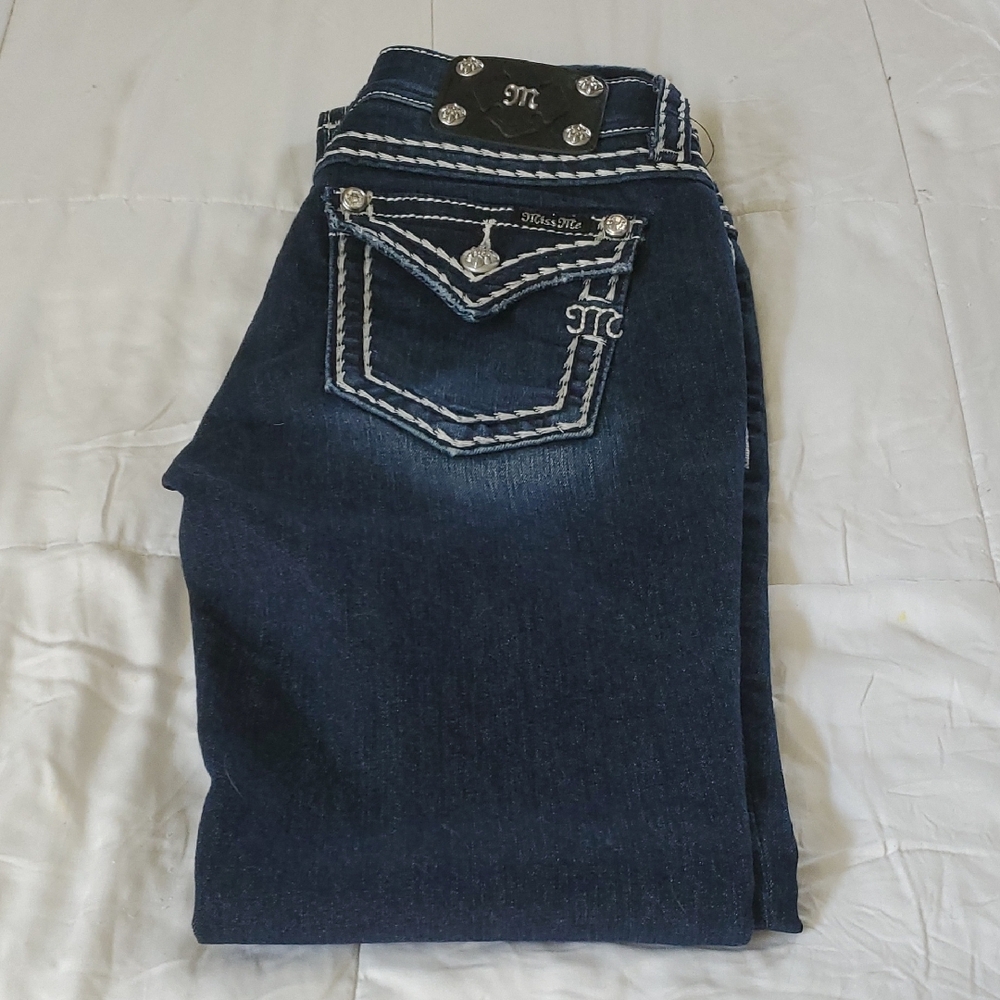 Miss Me Dark Blue 28 Skinny Jeans with White Contrast Stitching